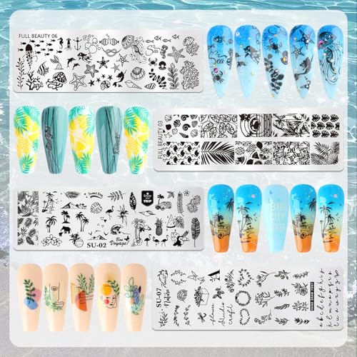 8pcs Summer Nail Stamping Plate Kit - Ocean Flower Fruit Nail Stamping Kit Spring Summer Nail Art Template Stencil Manicure Tool Reusable Salon Accessories Supplies for DIY Home Use - style: Tropical