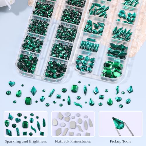 3220Pcs Glass Green Nail Rhinestones 12 Styles Crystal Flatback Rhinestones - color: Green