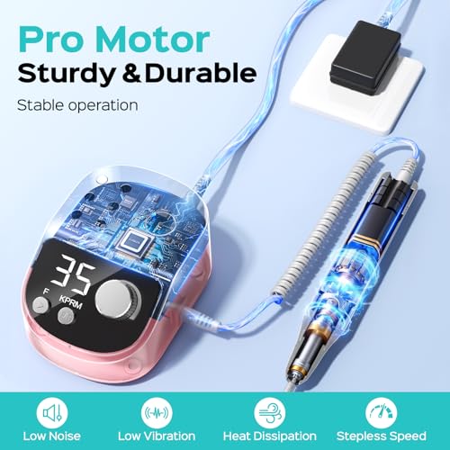 COSLUS E50 Professional Electric Nail Drill, Upgraded Steady Power, Pink - color: Pink