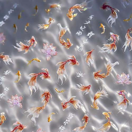 5D Embossed Goldfish Nail Stickers for Nail Art Self-Adhesive Sparkly Koi Fish Nail Design Stickers Koi Lotus Leaf Chinese Style Manicure Decals Spring Flower Nails Art Supplies for Women Decorations - style: 5D Embossed Nail Stickers-9