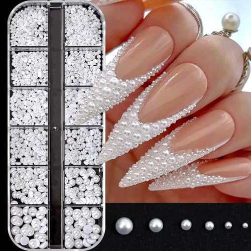 1 Box Flatback White Half Round Pearls 3D Nail Charms Nail Jewelry Crafts Accessories Pearl Gem Rhinestones for Women Acrylic Nails Supplies Manicure Decorations DIY Accessories - color: White Pearl