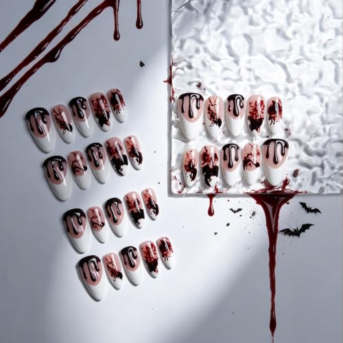 Halloween 3D Bloody Press on Nails Medium Almond French Tip 24Pcs - color: Halloween 3