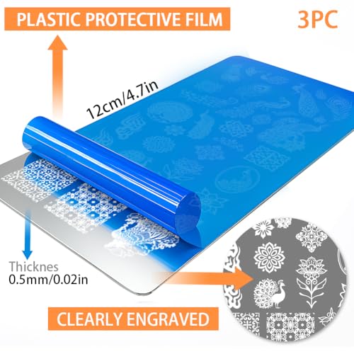 PH PandaHall 3pcs Peacock Nail Stamping Plates Chinese Pattern Nail Art Plates Cloud Geometric Nails Image Plates Feathers Flowers Manicure Design Stamp for Women Manicures Salon DIY Printing Gift - style: Peacock
