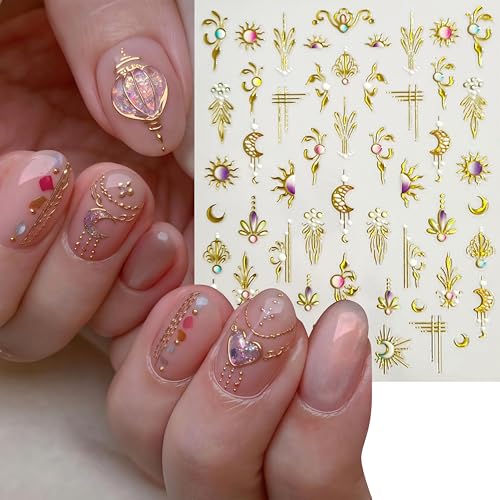 6 Sheets Bohemian Style Nail Decals Embossed Star Nail Art Stickers 5D Self-Adhesive Gold Stars Moon Sun Nail Decals Bohemia Nail Designs Stars Nail Decoration for Women Girls DIY Manicure Decor - style: Bohemian
