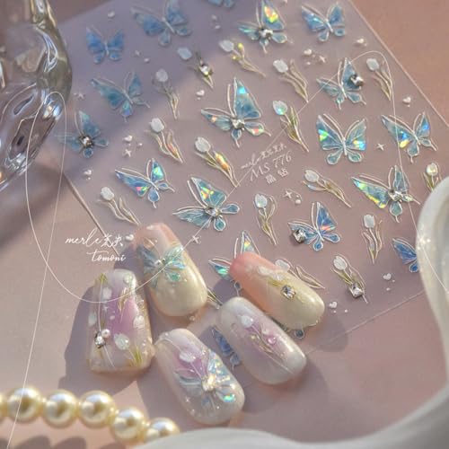 5D Embossed Blue Butterfly Nail Art Stickers with Silver Glitter Rhinestones Nail Decals Design Laser Flower Nail Stickers Spring Summer Nail Design Supply Cute Nail Art Supplies for Women Manicure - style: 5D Embossed Nail Stickers-8