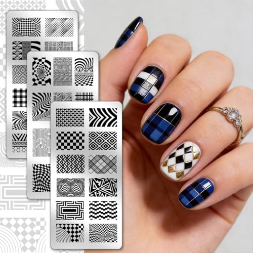 PH PandaHall 3pcs Plaid Pattern Nail Stamping Plates Checkered Nail Image Plate Geometric Nails Art Stencils Line Tartan Nails Art Templates for Women Manicures Salon DIY Printing Design - style: Plaid Pattern