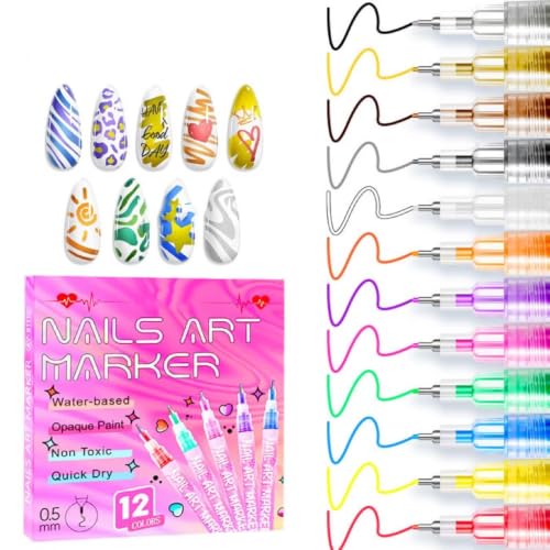 12‑Pack Nail Art Markers, 0.5mm Extra Fine Tip Water‑Based Drawing Pens, Non‑Toxic Quick Dry DIY Nail Decor Markers for Natural & Acrylic Nails - color: 0.5mm