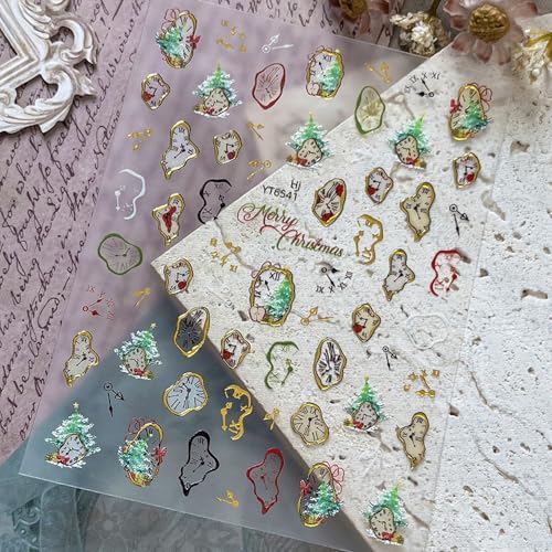 Christmas Nail Stickers for Nail Art New Year Golden Clock Colorful Nail Art Stickers Holiday 5D Embossed Nail Decals Self-Adhesive Nails Supply Manicure Sliders for Nails Decoration - color: New Years Clock1