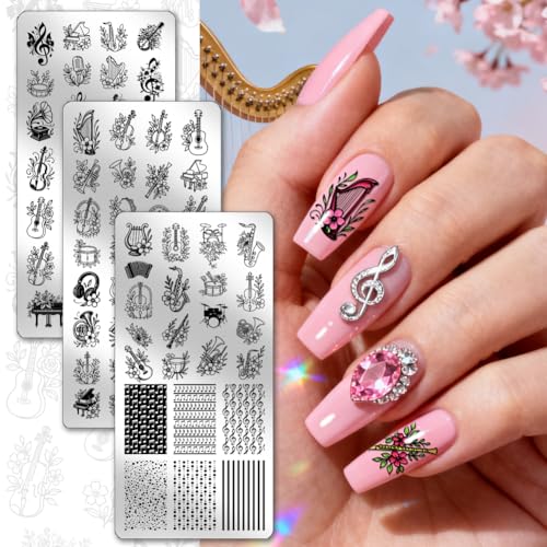 PH PandaHall 3pcs Musical Instrument Nail Stamping Plates Guitar Piano Nail Design Stencil Musical Note Nails Image Plates Drum Harp Nails Art Templates for Women DIY Home Manicures Salon Printing - style: Musical Instrument