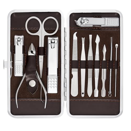 Professional Manicure and Pedicure Kit, 12-Piece Premium Grooming Set with Nail Clippers, Facial Care Tools, and Luxurious Travel Case for Men and Women - color: Brown 12pcs