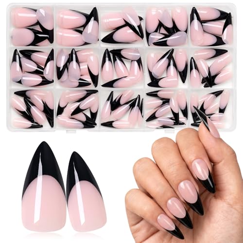 Black French Tip Press on Nails,Long Stiletto Nails, Light Pink - color: Black French Tips in Light Pink Base