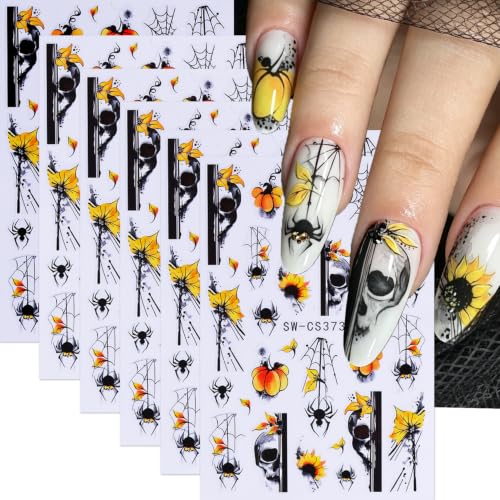 Halloween Nail Art Sticker Spider Web Nail Sticker 6Pcs Water Ink 3D Self-Adhesive Spider Web Skull Spider Pumpkin Nails Decal Sunflower Nail Supplies Accessories for Halloween Manicure Decoration - color: Skull Pumpkin
