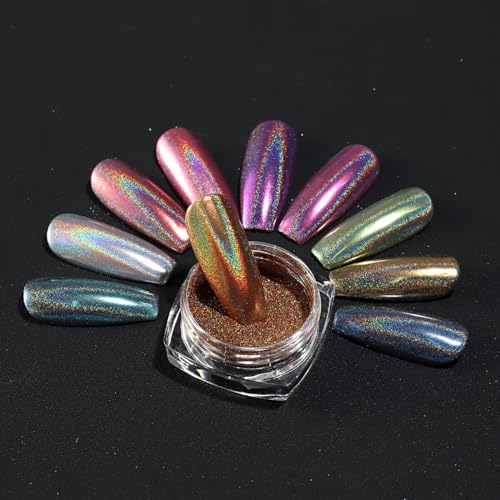 10 Colors Holographic Nail Powder, Holo Aurora Iridescent Metallic Mirror Laser Effect Chrome Pigment Glitter Dust for Salon Home Nail Art DIY Decorations - color: 10pcs Holographic Powder