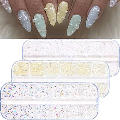Nail Flatback Pearls White Nail Art Pearls AB Color Nail Pearls for Nail Art DIY Jewelry Pearls for Nails,with Pickup Pen and Tweezer Pearl Nail Gems Nail Art Pearls Mini Decoration Accessories Kit - color: Flatback Pearls