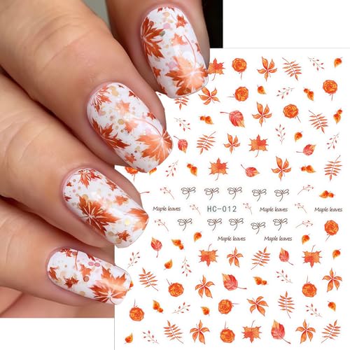 6 Sheets Thanksgiving Day Nail Art Stickers Fall Maple Leaf Nail Decals 3D Self-Adhesive Autumn Maple Leaves Nail Stickers Holiday Nails Sticker for DIY Nails Decoration Accessories - style: Maple Leaf