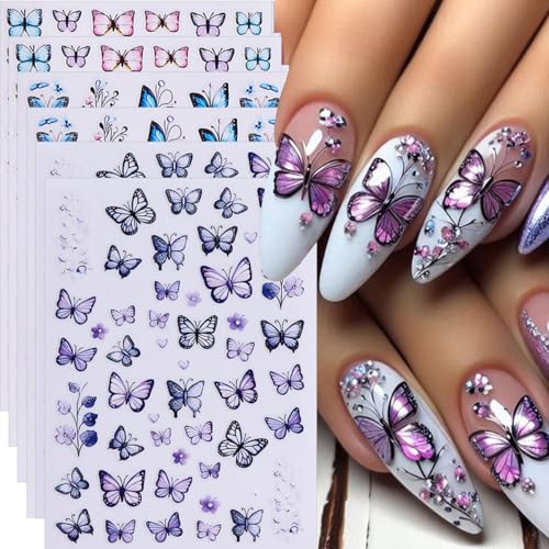 Butterfly Nail Art Stickers, Butterfly Nail Decals 3D Self Adhesive with Blue Purple Pink Yellow Butterflies Flower Design 6Pcs Spring Nail Art Supplies for Women Girls Spring Summer Nail Decoration - style: style2
