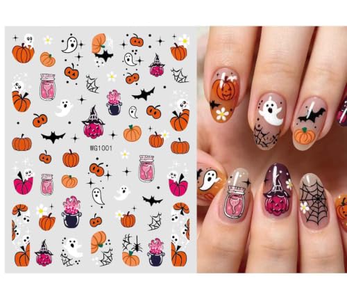 6Sheets Halloween Nail Art Stickers Cute Ghost Pumpkin Bat Spider Web - color: Multicolor