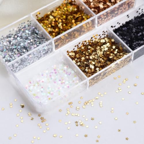 1 Box 6 Color Holographic Tiny Star Nail Glitter Laser Gold Nail Sequins 3D Laser Silver Nail Flakes Sparkly Glitter Flakes Shiny Nail Glitter Champagne Nail Sequins Glitter for Nails Art 6 Grids - color: YHN02