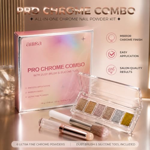 AILLSA Solid Chrome Nail Powder Kit, Metallic Mirror Effect Pigment