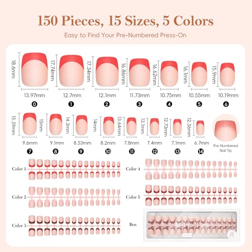 PEACECOLOR French Tip Press On Nails Kit - 150Pcs Short Square 5 Colors Nude Nail Tips Gel Nail Extension Kit with Nail Lamp Starter Kit Nail Glue Base & Top Coat Fake Nails Gift for Women Home DIY - color: Short Square