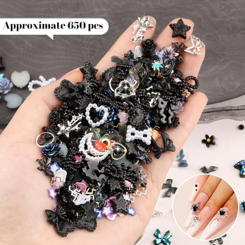 650PCS Cute 3D Resin Nail Charms and Gems Black Flower Bow Butterfly Charms - color: Black