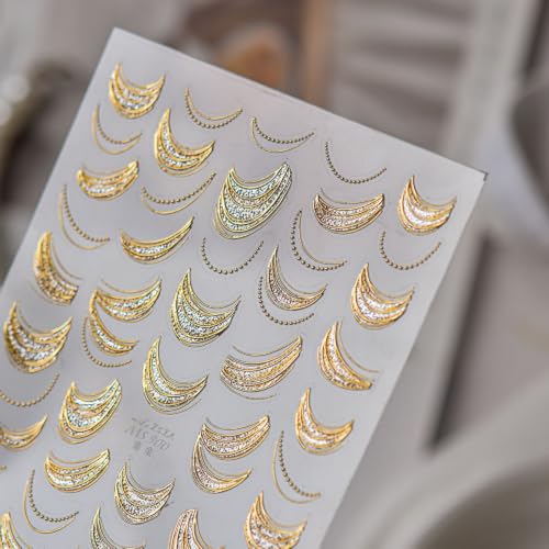5D Embossed Nail Stickers, Premium Salon-Quality Self-Adhesive 3D Nail Art Decals, Refined Classic Designs for Easy DIY Manicure (Golden Crescent) - color: Golden Crescent