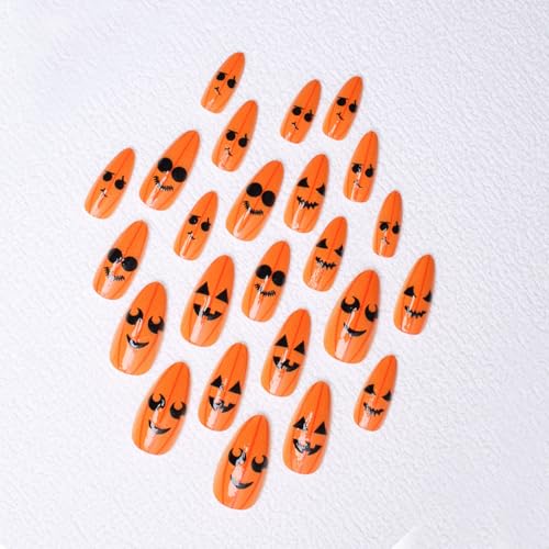 Halloween Pumpkin Press On Nails - Medium Acrylic Almond Shaped Fake Nails, Yellow Glossy False Nails Design, Fall Full Cover Glue On Nails, 24 Pcs - color: Style 10