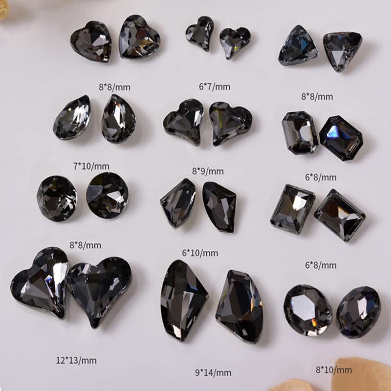 48 Pcs Big Mix Sizes Different Shape Nail Rhinestones 12 Styles 3D Glass Crystals Diamonds Love Distorts Heart Super Shiny Charms Gems Stones DIY Nail Art Decoration Craft Jewelry (Transparent Black) - color: Transparent black