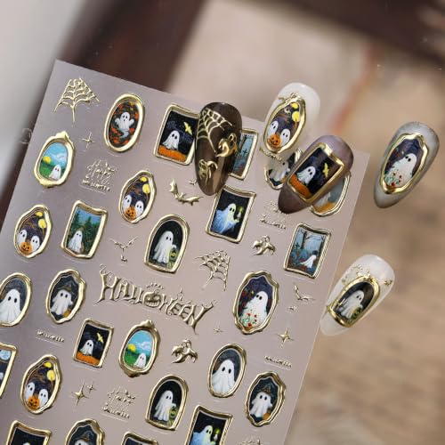 1 Sheet Retro Halloween Nail Stickers 5D Self-Adhesive Engraved Retro Picture Frame Ghost Nail Decals Flower Ghost Pegatinas Uñas Gold Spider Web Bats Nail Supplies for Women Nails Decorations - color: Flower Ghost