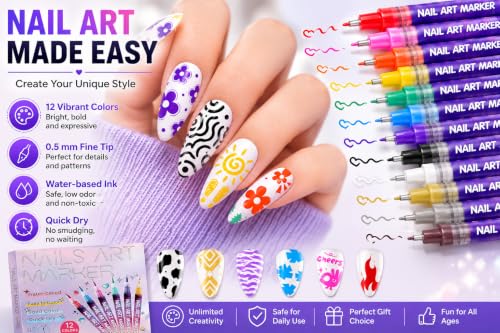 12‑Color 3D Nail Art Pen Set, Double‑Ended Nail Art Dotting Pens, Art‑Grade Graffiti, Waterproof and Layerable, Perfect for DIY Nail Art, a Great Christmas Gift for Nail Art - color: 12P