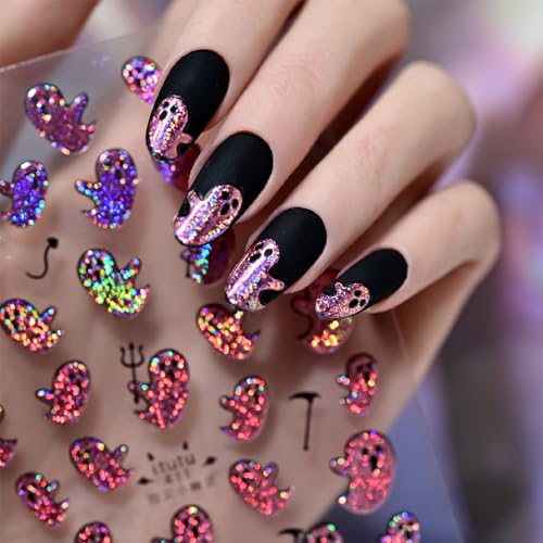 Pink Holographic Glitter Ghost Nail Stickers Self Adhesive Spooky Ghost Nail Art Decals with Mini Devil Pitchfork Waterproof Halloween DIY Manicure Decor Supplies for Women Girls Salon Acrylic Nails - color: Glitter Ghost