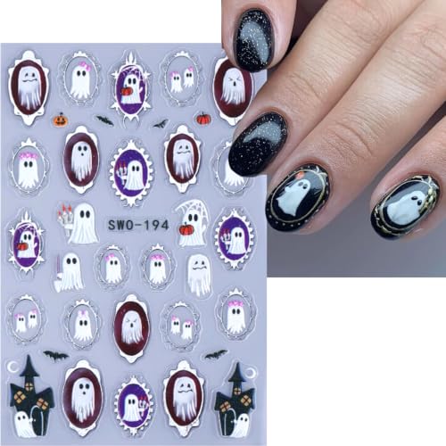 Halloween Silver Frame Ghost Nail Art Stickers Pumpkin Bat Nail Art Decals 3 Sheets 5D Self-Adhesive Ghost Nail Stickers Castle Bat Nail Design for Women Halloween DIY Nail Supplies Decorations - color: Halloween Style14