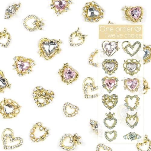 24pcs Heart Nail Charms Luxury Alloy Charms for Nails, qiipii 12 Pair 3D Gold Nail Art Rhinestones Nail Gems Golden Nail Crystal Diamonds Jewelry Stones Studs Nail Supplies Nails Decor Crafts 1 Box - color: Luxury Charms -Heart(A), size: 1 Box