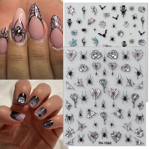 6 Sheets Halloween Nail Art Stickers Self Adhesive Horror Goth Nail Decals Bat Spiders Rose Spider Web Skull Ghost Nails Design Supplies Halloween Nails Decoration for Women Manicure Accessories - style: spider web bat