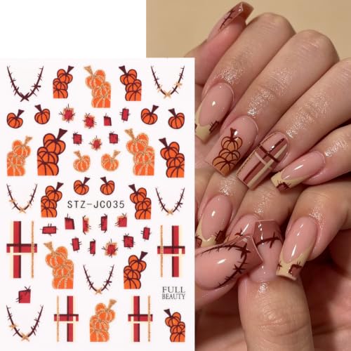 Halloween Pumpkin Nail Art Stickers Maple Leaf Pumpkin Nail Art Decals 6 Sheets 3D Self-Adhesive Stickers Plaid Stripes Nail Decals for Women Halloween Nail Supplies Fall Nail Decorations - color: Halloween Style6