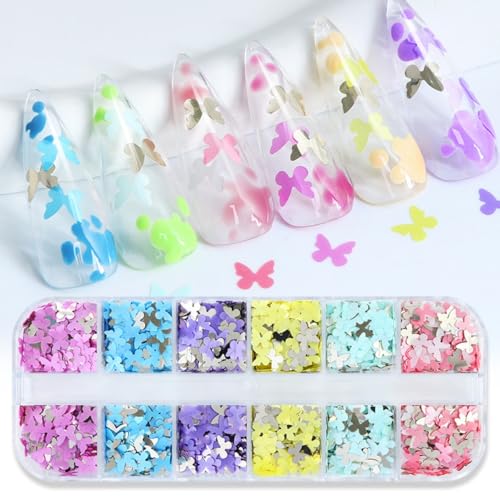 1 Box 6 Color Holographic Butterfly Nail Glitter Laser Pink Nail Sequins 3D Blue Yellow Nail Flakes Sparkly Powder Flakes Shiny Nail Glitter Colorful Nail Sequins Glitter for Nails Art 12 Grids - color: Color 47