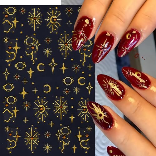6 Pcs Gold Star Nail Stickers for Nail Art,Self-Adhesive Red Diamond Star Moon Nail Decals Star Moon Sun Pegatinas Uñas Cute Stars Nail Design Stickers Nail Art Supplies for Women Nail Decorations - style: gold star