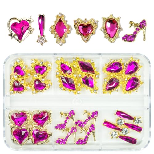 qiipii 24pcs Rose Pink Nail Rhinestones Luxury Nail Charms Rose Red Heart Charms for Nails 3D Big Nail Gems K9 Glass Crystals Diamonds Jewelry Stones Alloy Nail Art Studs Decor for Arylic Nails Crafts - color: Luxury Charms - Rose Red, size: 1 Box