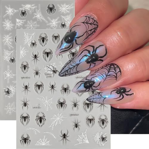 Halloween Spider for Nails Stickers Holiday Nail Decals 3D Self-Adhesive Black and White Spider Web Stickers Halloween Nail Art Sticker for Women Girls DIY Manicure Nails Accessories - style: Spider
