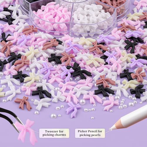 BELLEBOOST 1 Box 3D Bow Nail Charms and Flatback Pearls Set 7, 120 Pcs Cute Bow Charms in 6 Colors for Nail Design + 2-4mm White Nail Pearls with Pickup Tweezer and Pencil for Nail Art Decoration - color: Style C - 6 Colors Set
