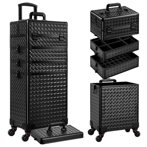 AROUS 5 in 1 Rolling Makeup Train Case with Lid Cosmetology Case on Wheels - color: Black