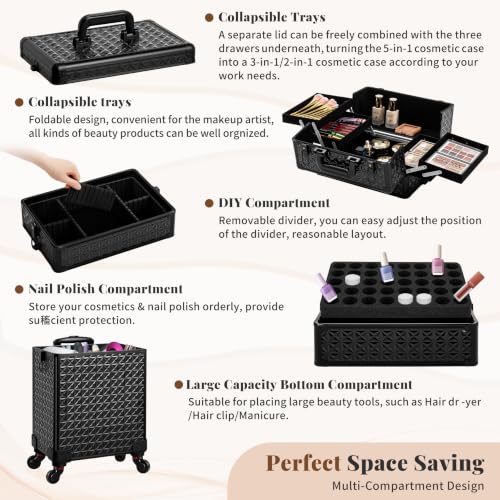 AROUS 5 in 1 Rolling Makeup Train Case with Lid Cosmetology Case on Wheels - color: Black