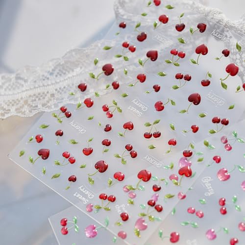 1 Sheet Cherry Nail Art Stickers 5D Cherries Nails Decals Cute Summer Fruits Nail Stickers Green Leaves Nail Supplies Jelly Cherry Nail Decorations for Women Spring Summer DIY Manicure Accessories - style: jelly cherry