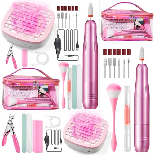 Nail Drill Kit with Mini Dust Collector and Pink Storage Bag for Beginners - color: Pink