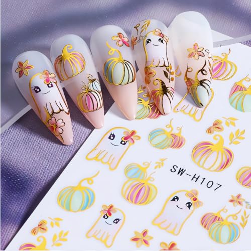 Halloween Pumpkin Nail Art Stickers Gilded Pumpkin Ghost Nail Art Decals 3D Self-Adhesive Glitter Pumpkins Nail Stickers Colorful Ghost Flower Nail Design for Women Thanksgiving Nail Supplies 3 Sheets - color: W12