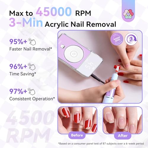 SAVILAND SSPro X-Drill Nail Drill Professional: 45000 RPM Quick Removal for Acrylic Nails Electric Nail File 3000 mAh Nail Drill Kit Portable EFile with Ceramic Bits Sanding Bands Nail Tech Salon - color: Purple White