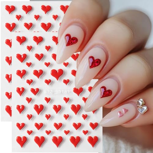 Valentine’s Day Nail Art Stickers 5D Embossed Heart Nail Decals Self-Adhesive Nail Art Supplies 2PCS Romantic Red Love Heart Valentines Nails Design Adhesive Stickers for Nails Manicure Decorations - style: 5d red heart