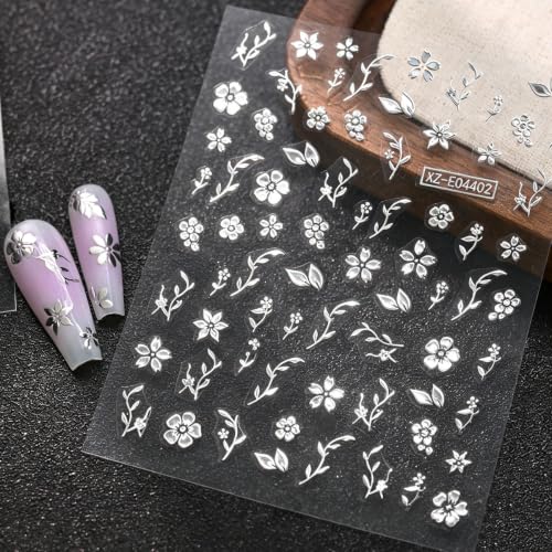 12 Sheets Gold & Silver Nail Stickers, Flower & Leaves 3D Nail Decals - color: Style-28