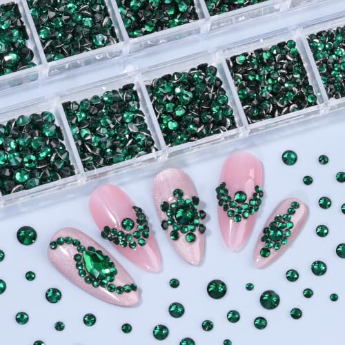 3220Pcs Glass Green Nail Rhinestones 12 Styles Crystal Flatback Rhinestones - color: Green