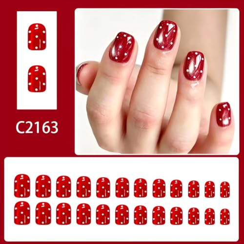 Short Square Press on Nails Polka Dot Fake Nails Red Nails Press Ons - color: Red